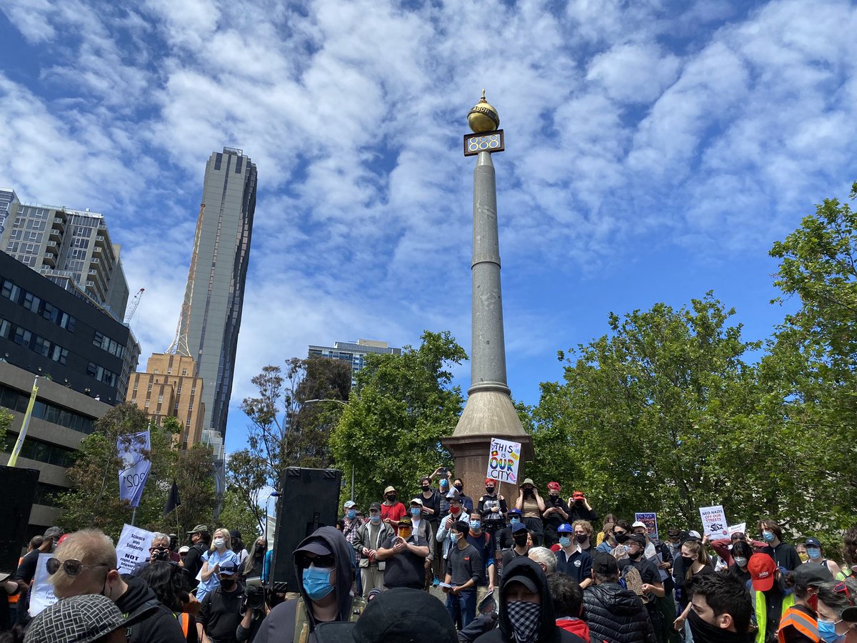 lucyham's tweet photo. Good #Melbourne gathers in support of healthcare workers, science, vaccines, community and against fascists, racists and fake-freedom thugs #auspol #condemnfascists #condemnNazis https://t.co/AgjOtKm0yS