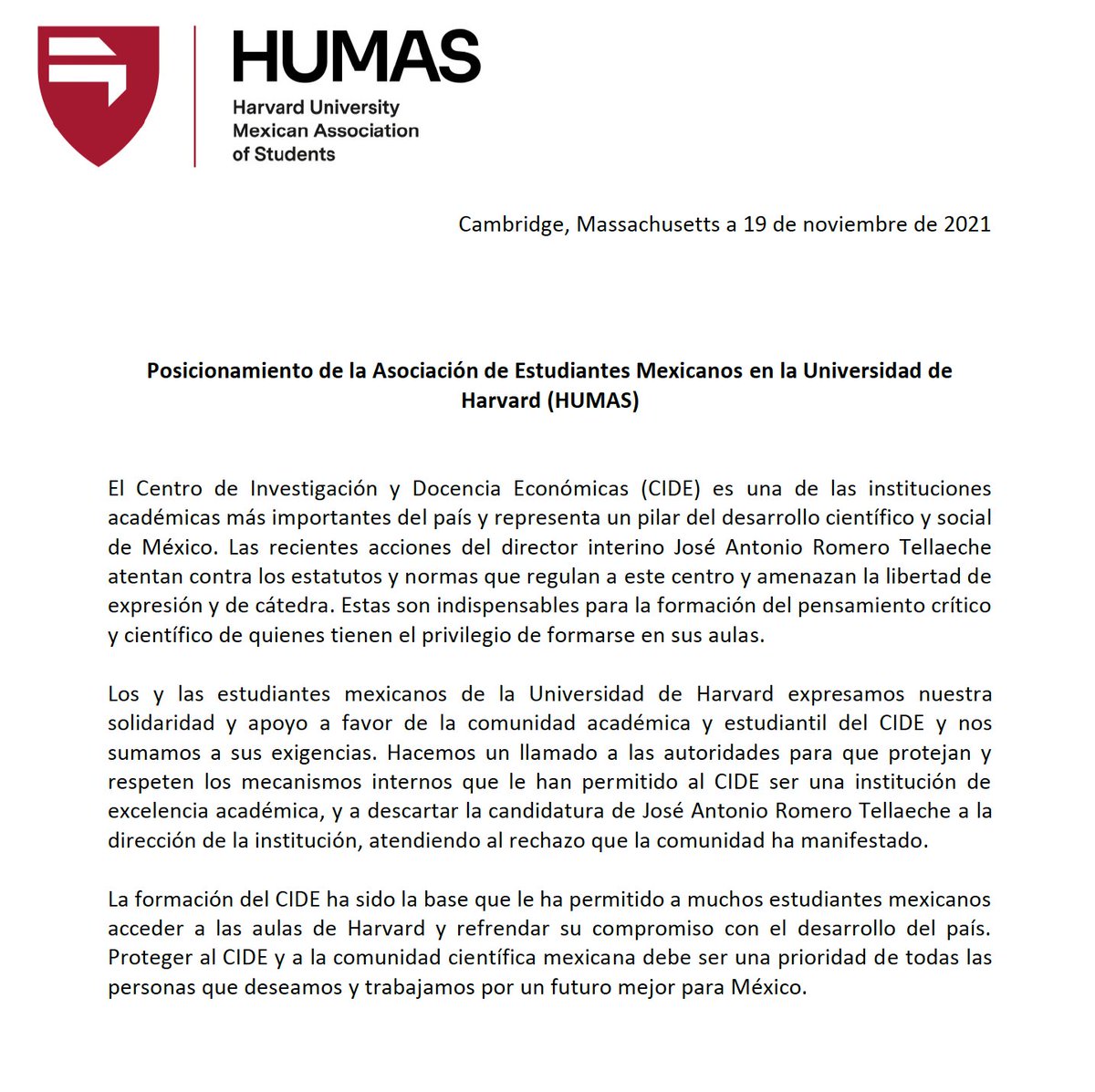 HarvardHUMAS's tweet photo. Desde Harvard, las y los estudiantes mexicanos expresamos nuestra solidaridad y apoyo a la comunidad académica y estudiantil del CIDE y nos sumamos a sus exigencias. https://t.co/wKapLuiw1s