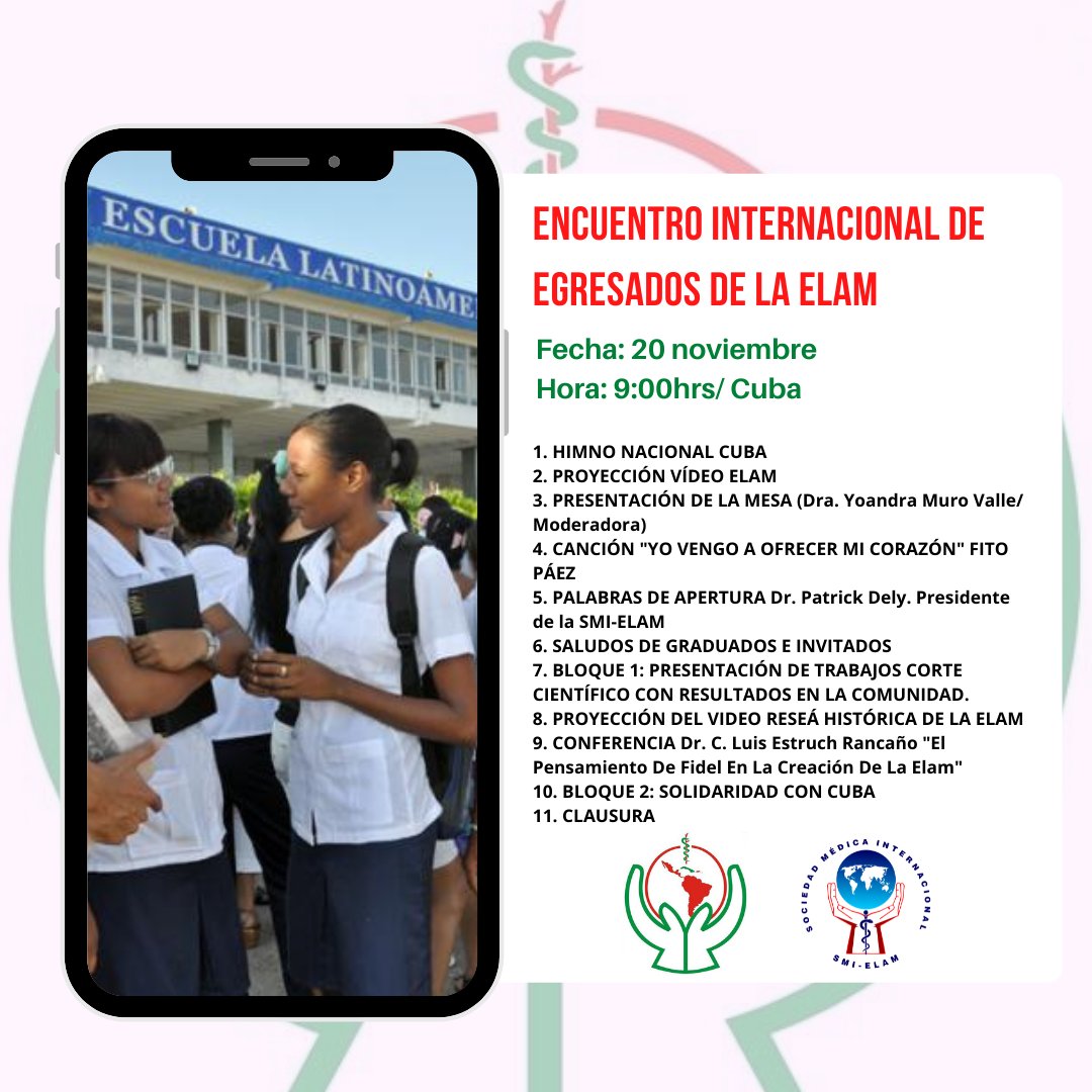 ElamSmi's tweet photo. 📢MAÑANA 20 DE NOVIEMBRE 
🔹️Encuentro Internacional ELAM🔹️

🕘9am Cuba🇨🇺

👇👇link de YouTube👇👇

https://t.co/cps08K9fFr https://t.co/S2C41pLOtL