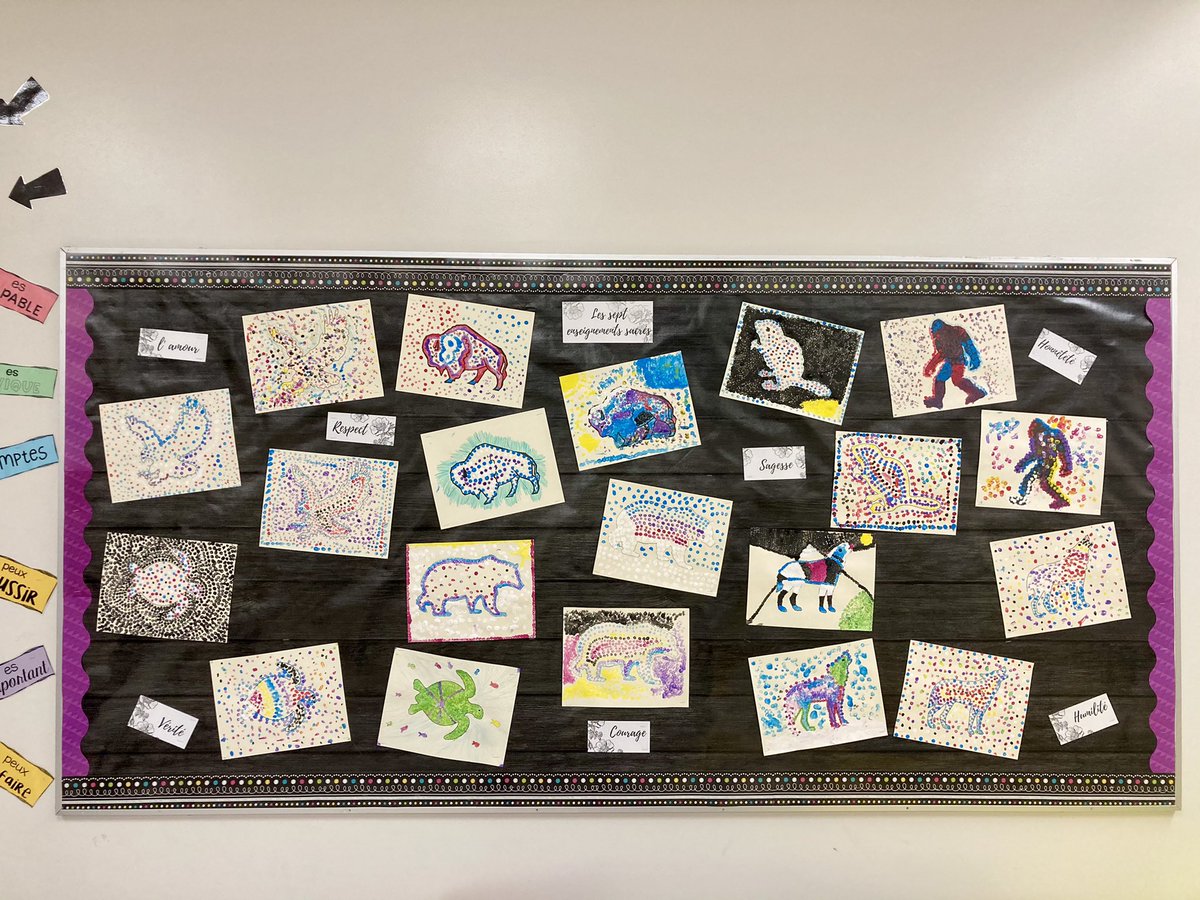 MlleSheppard's tweet photo. My grade 3’s absolutely crushed their art project today! We took some time to learn a little bit more about the Seven Sacred Teachings and then created this beautiful dot art! #rdcrs https://t.co/hLjIsPmAWU