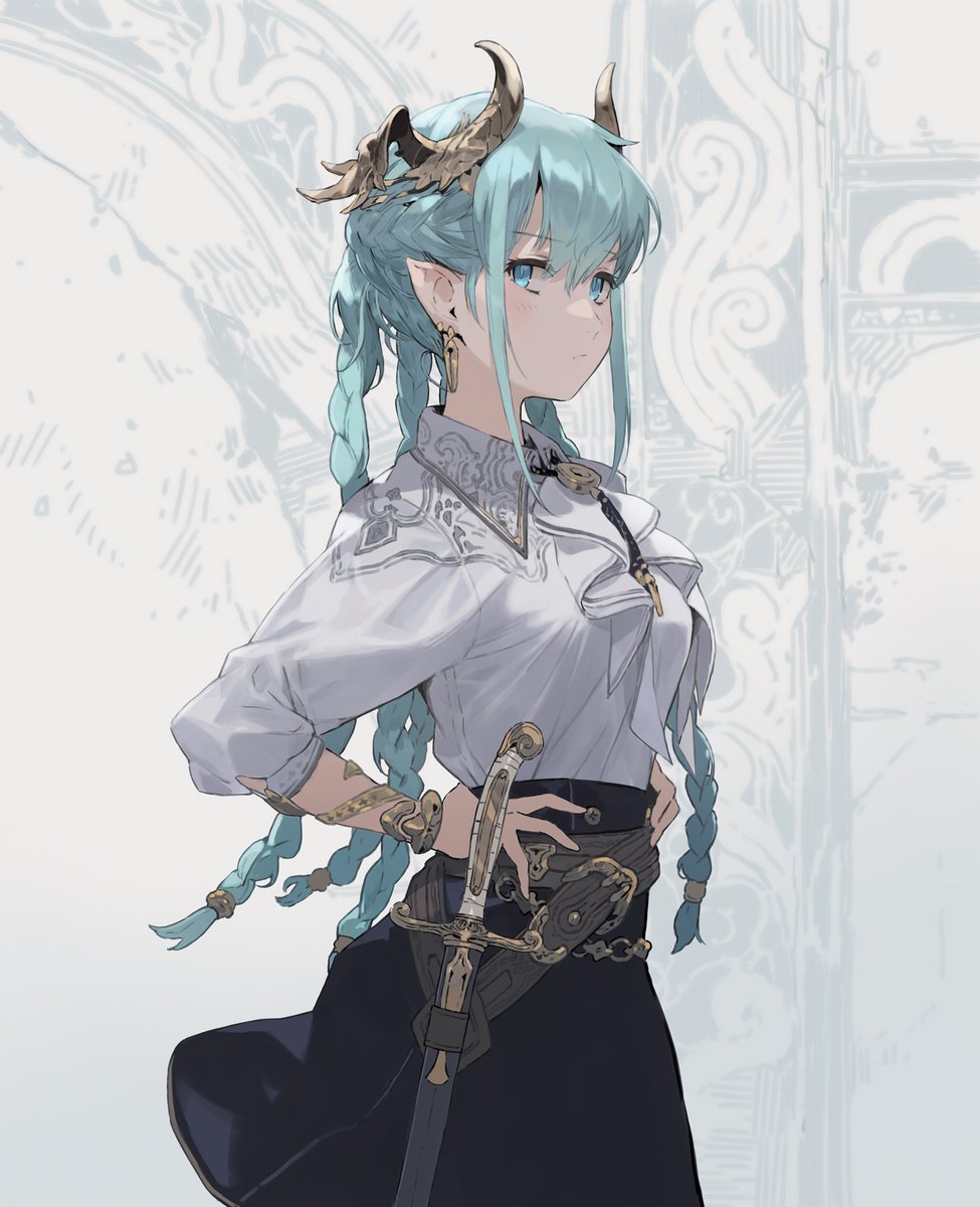 1girl solo braid sword pointy ears jewelry weapon  illustration images