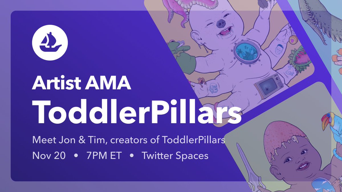 Drop in and join us Sat Nov 20 at 7PM ET/4PM PT for a chat with @toddlerpillars + @Tim_Molloy_Art and their friends at @SuperchiefNFT while we discuss a (not creepy at all) collection 20 years in the making! 👶🐍