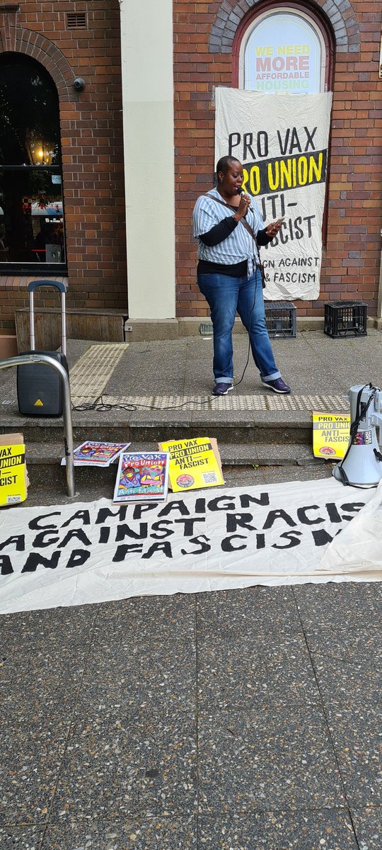 CarfSyd's tweet photo. Good turn out to Oppose the Anti-Vax Far-Right protest today in Newtown! The forces of the far right are becoming bigger and bolder especially in Melbourne! Todays rally was an important step in countering the fascists and the far right of the anti-vax movement! https://t.co/1dHrGksFW6