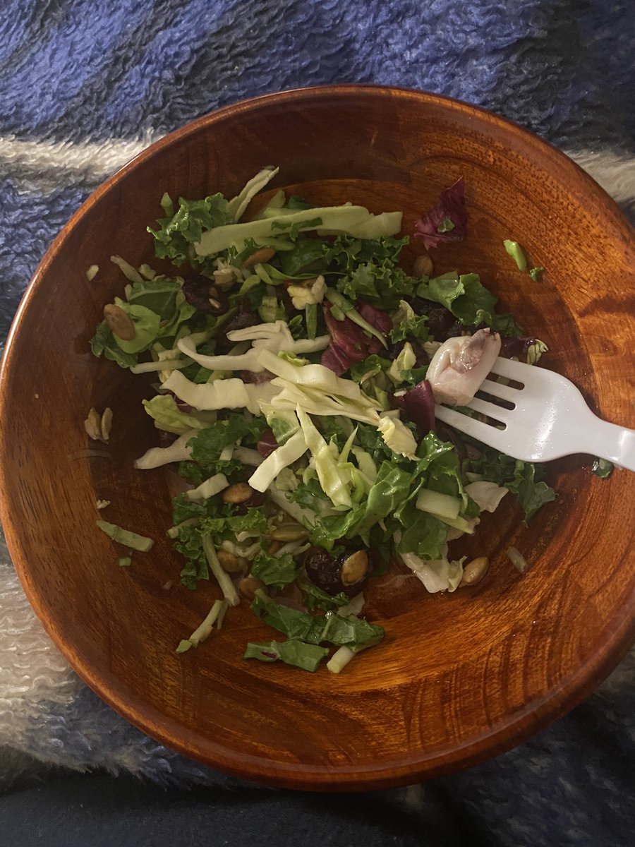 already half way through but for dinner today i had a kale salad with pumpkin seeds, sunflower seeds, and dried cranberries and italian dressing