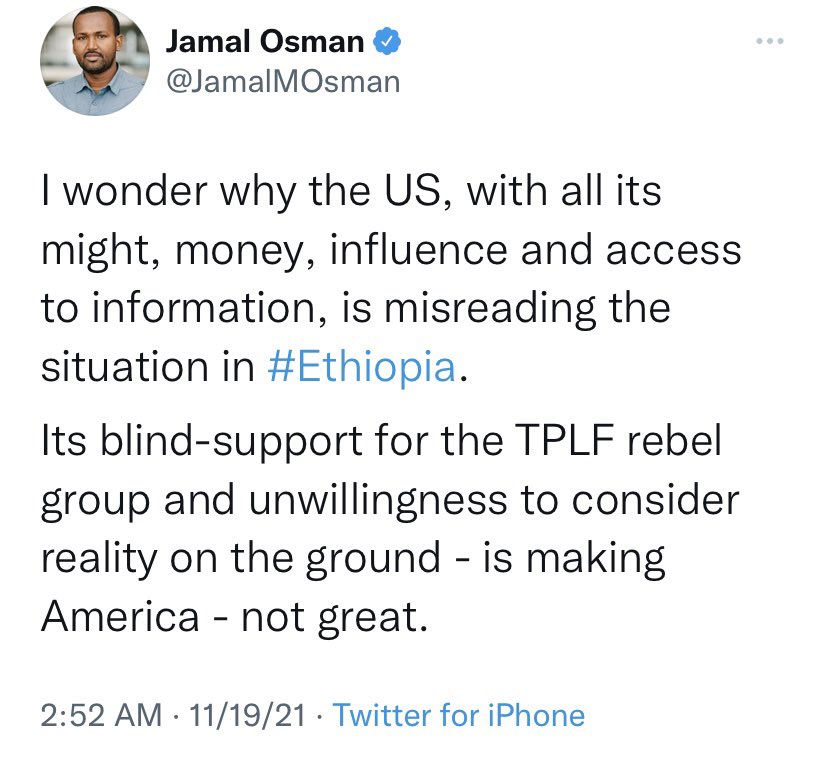 michaelcdeibert's tweet photo. The U.S. is “blindly supporting the TPLF?” How is this person a correspondent for a major broadcaster in the UK? https://t.co/4WK5YPgvP8