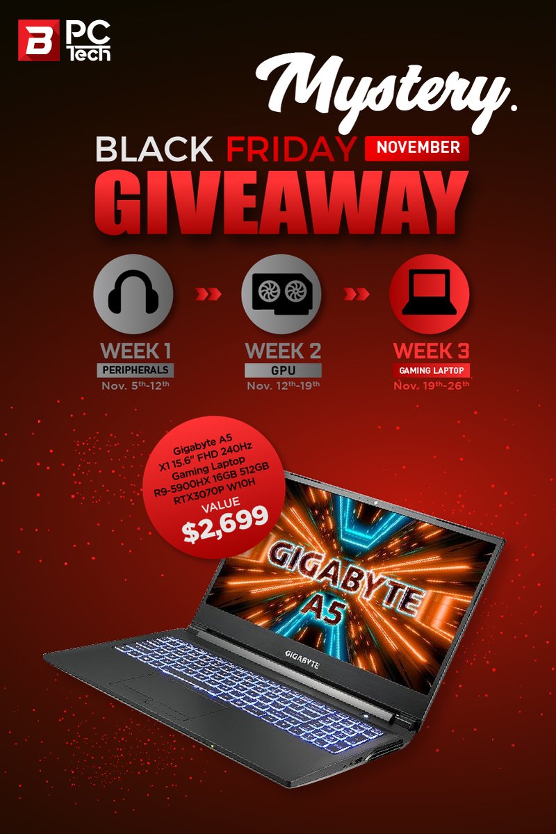 budgetpc's tweet photo. Massive thx to Gigabyte!
We kick off the Black Friday giveaway with their Gaming Laptop!
Enter to win👉https://t.co/Ie5P5i7kjF
#BPCTech #BlackFriday #Giveaways #gigabyte #Laptop #gaminglaptop https://t.co/0UPJ0hPSk4