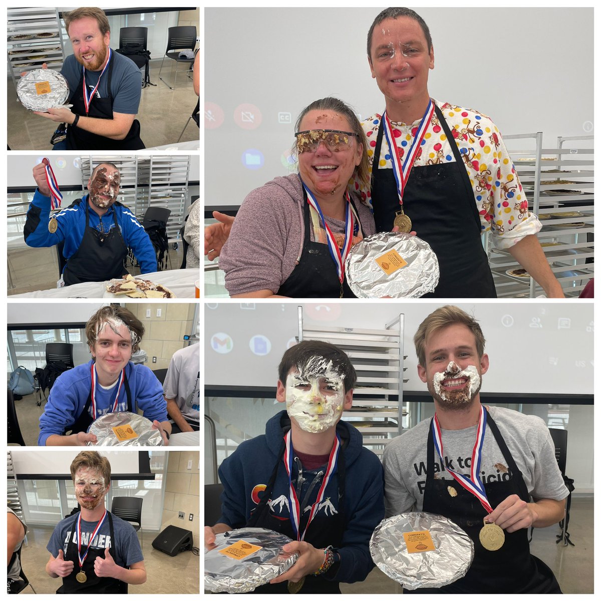 sarahsteele2006's tweet photo. RHHS got ready to head into Tgiving break with a pie eating contest! Thanks to all of our contestants for participating and @RHHSLibrary for making our awesome medals! https://t.co/00KmaJ1rNU