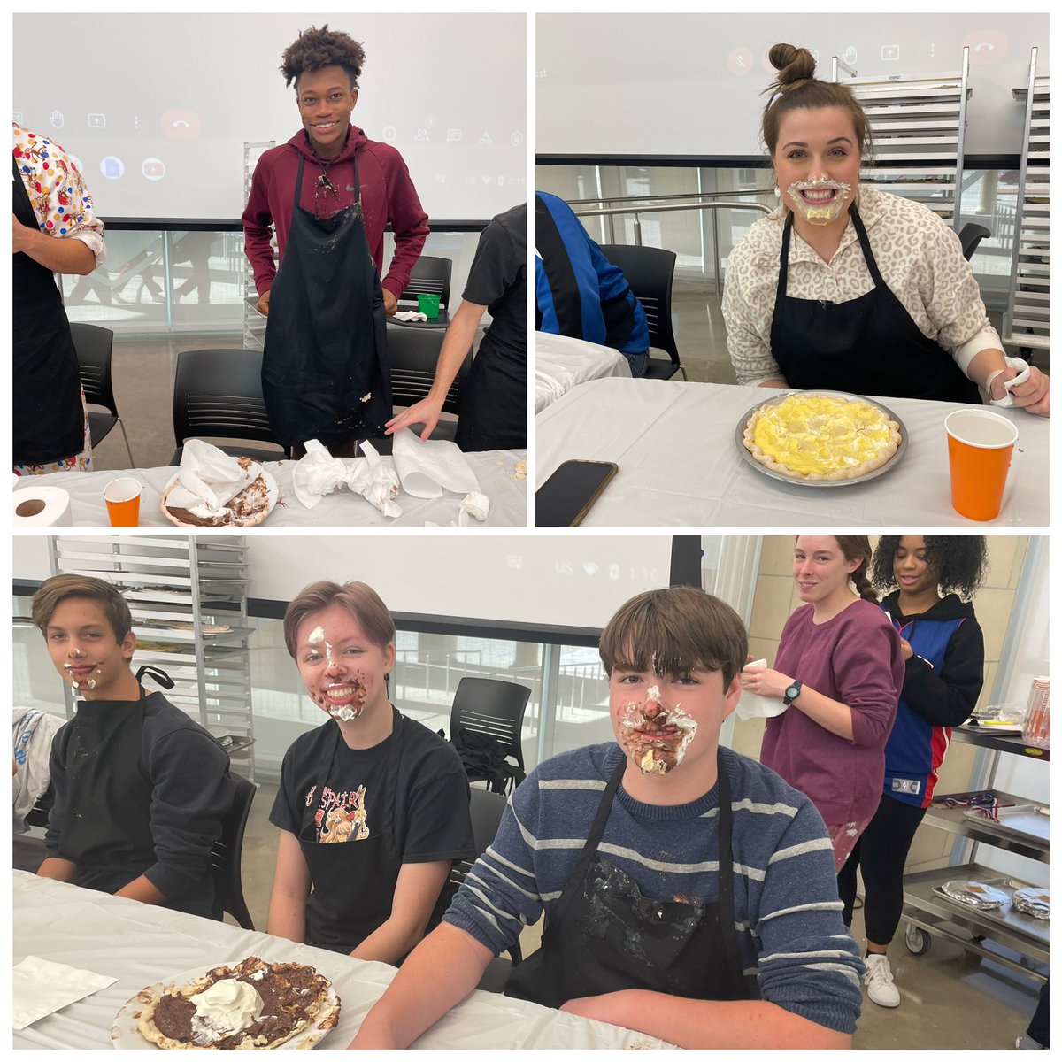 sarahsteele2006's tweet photo. RHHS got ready to head into Tgiving break with a pie eating contest! Thanks to all of our contestants for participating and @RHHSLibrary for making our awesome medals! https://t.co/00KmaJ1rNU