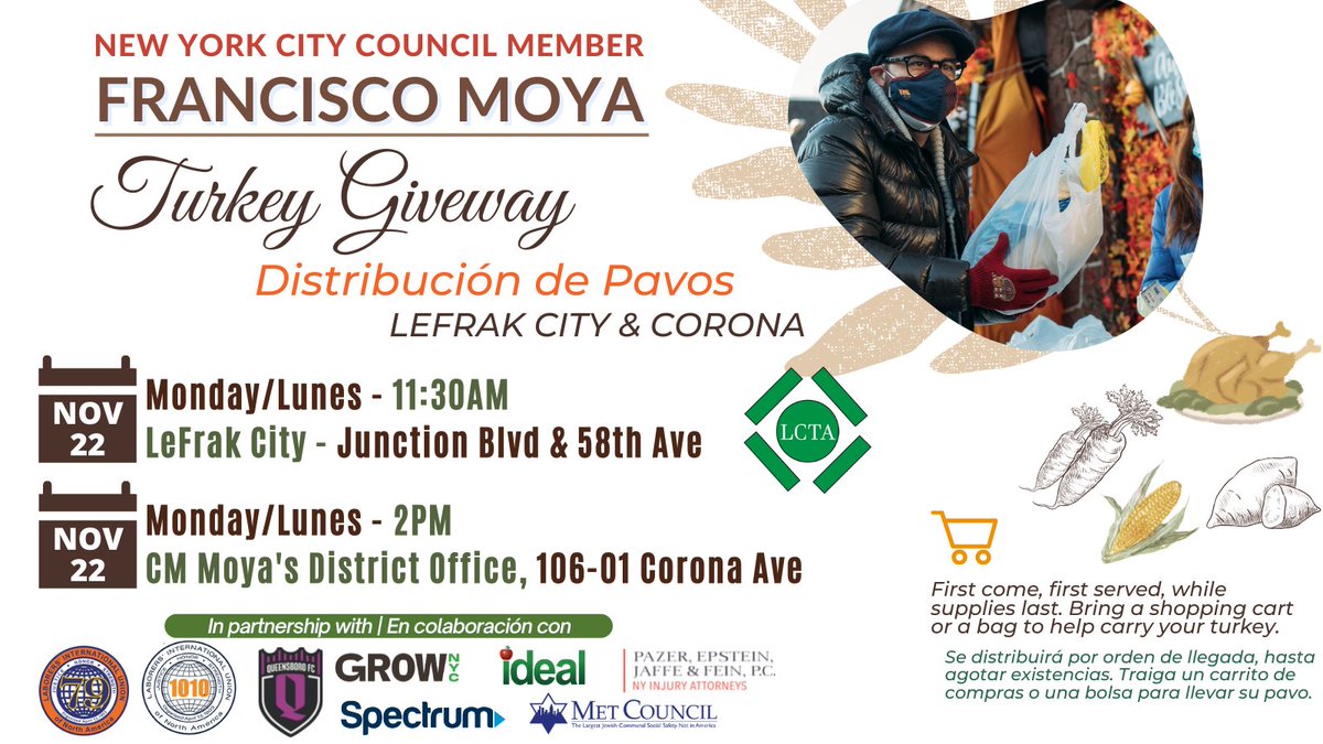 CMFranciscoMoya's tweet photo. 🕒 Monday (starting at 11:30am) at LeFrak City - Junction Blvd and 58th Ave w/ Lefrak City Tenants Association
🕒 Monday (starting at 2pm) outside of my district office, 106-01 Corona Ave
 🧵[3/3]
#FoodDistributions #District21Queens https://t.co/hRxZwxefMo