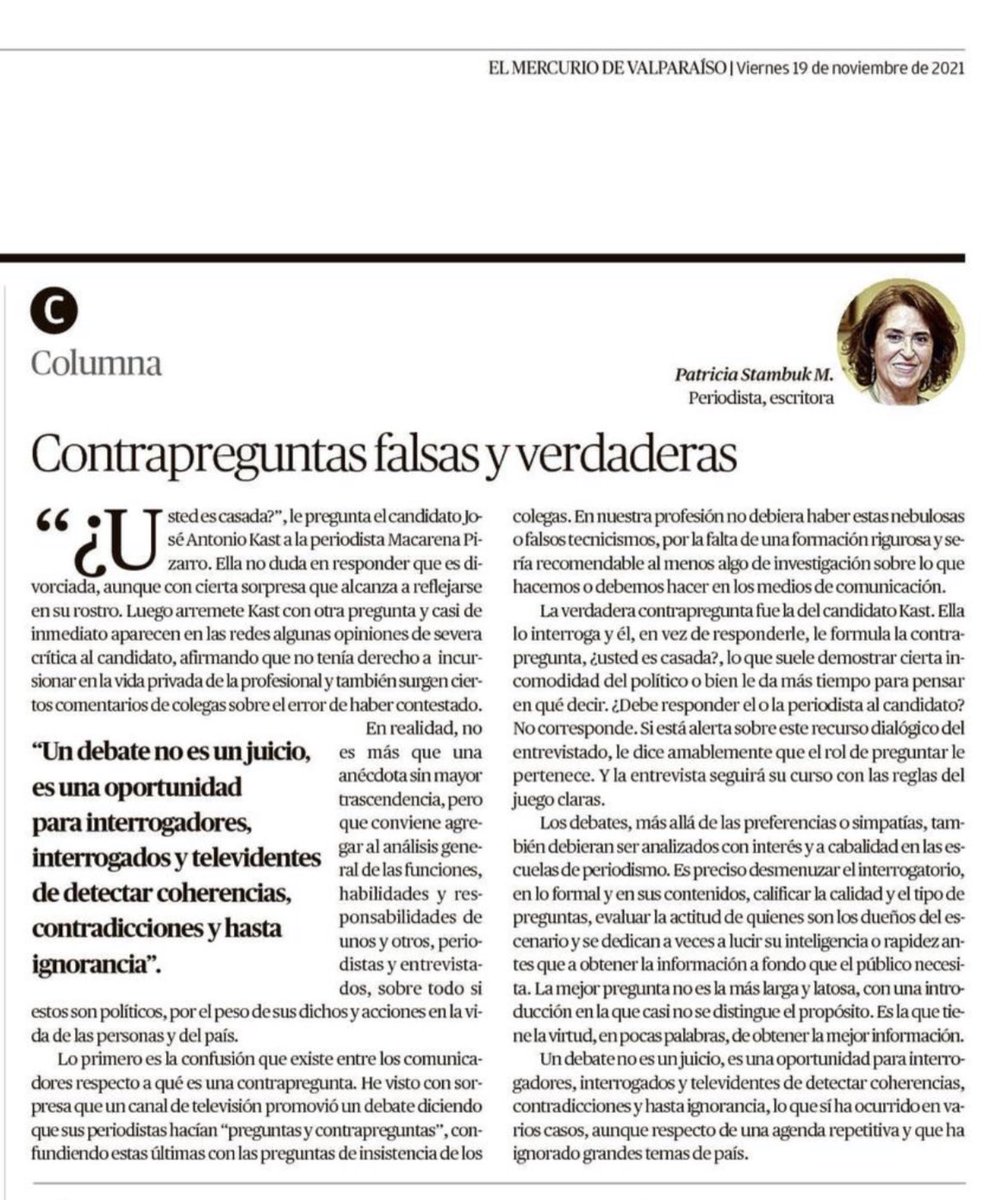 LauReyes_'s tweet photo. Lean la columna de la periodista y escritora @PatriciaStambuk ¡excelente! #pregunta #contrapregunta #MacarenaPizarro #Macapizarro #periodiodista https://t.co/M8FGWiPanQ