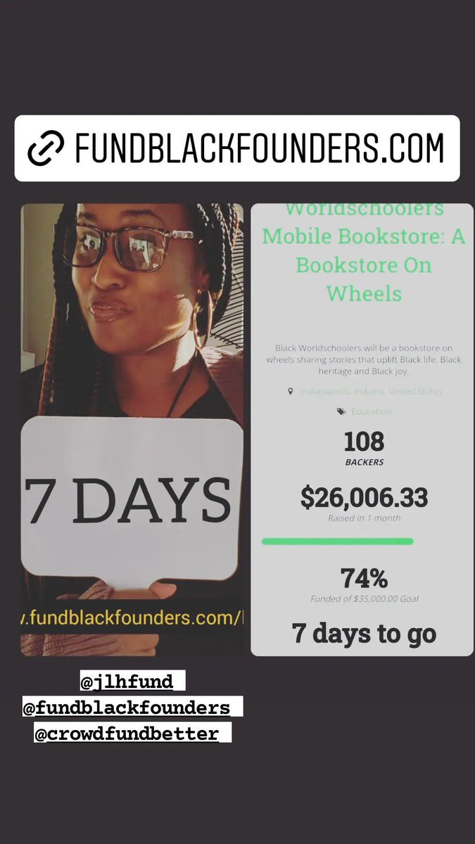 7 DAYS LEFT in our crowdfunding campaign! PLEASE SHARE with everyone & SUPPORT however you can! fundblackfounders.com/blackworldscho… THANK YOU!!❤📚 #blackworldschoolers #mobilebookstore #BlackOwned #loveindy #BookTwitter #crowdfund #socialenterprise #bookstore #mompreneur #fridaymotivation