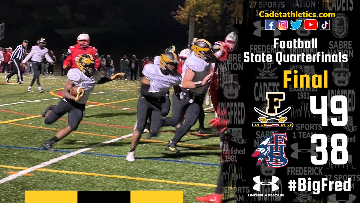 ⚔️Cadetathletics.com Scoreboard 
MPSSAA Regional Quarterfinal 
Football: Final
<a href="/CadetsFootball/">Frederick High School Cadet Football</a> 49
Franklin 38

⚔️ | #BigFred