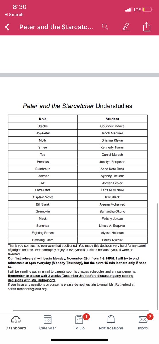 Cast List for Peter and the Starcatcher!