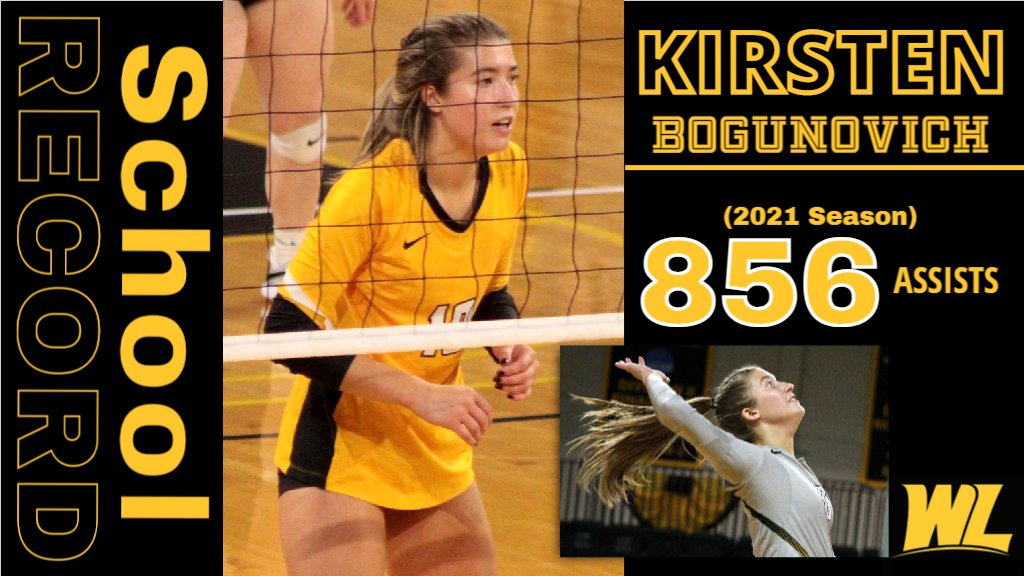 WLathletics's tweet photo. With her 29 assists in tonight's MEC Tournament semifinal, junior Kirsten Bogunovich became West Liberty's new single-season record-holder with 856. Chelsea Byrge's previous standard of 828 assists had been on the books since the 2012 season. Congratulations, Kirsten! #GoWLU https://t.co/BrPdcT8cj6