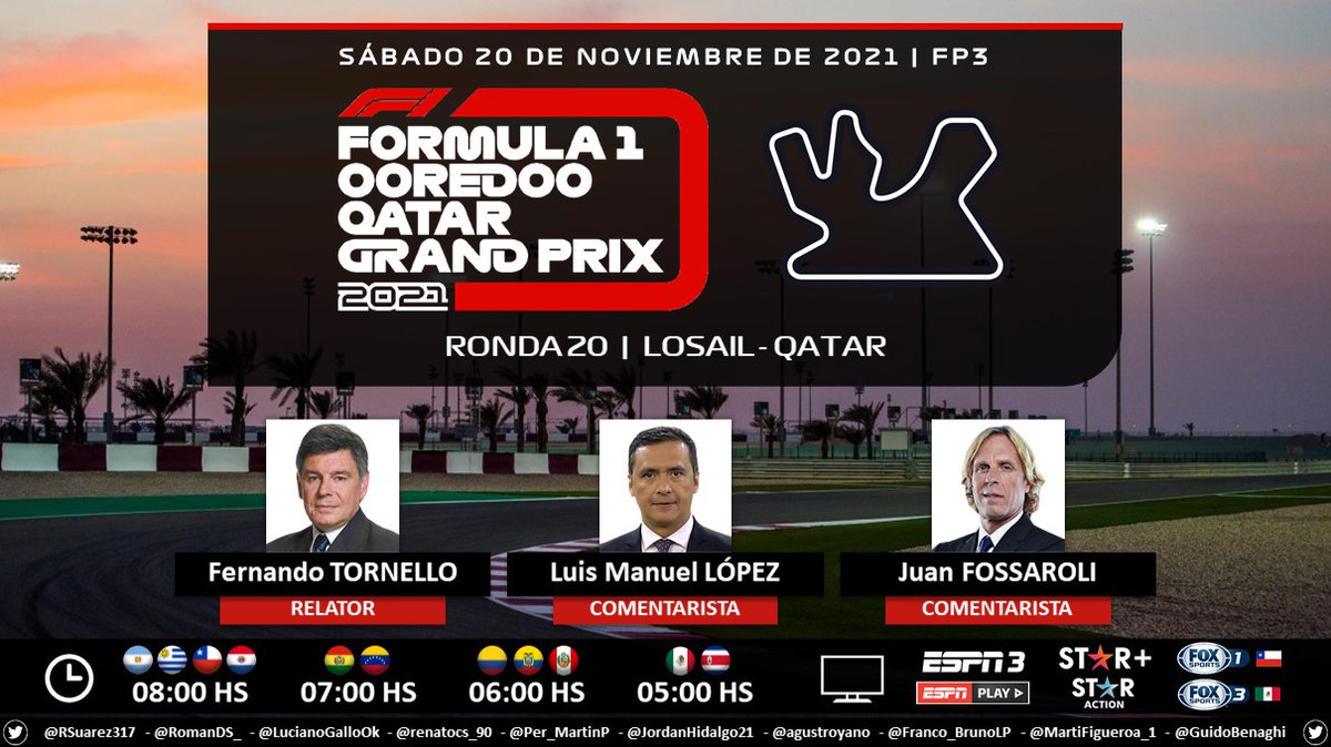 Puntaje_Ideal's tweet photo. 🏁 #F1 #QataeGP 🇶🇦 | Libres 3 (FP3)
🎙 Relator: @F1Tornello
🎙 Comentaristas: @chacho_lml y @Gp1Fossaroli
📺 #ESPN3 Sudamérica // #FOXSports1 🇨🇱 // #FOXSports3 🇲🇽 // #STARAction Latinoamérica
💻📱 @ESPNPLAY - @StarPlusLA
🤳 #F1xESPN - #F1xFOX
Dale RT 🔃 https://t.co/uNHcmcRmLb