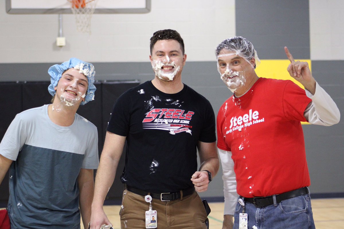 Steele_Press's tweet photo. Today was Piegiving at Steele ECHS.  Mr. Rogers, Mr. Espinosa, and FBLA President Jace Kruse stepped up to take a pie to the face in support of the StuCo fundraiser.  Mr. Espinosa was so supportive he came back for seconds. 

#SteeleECHS https://t.co/Y18KnMoqOb