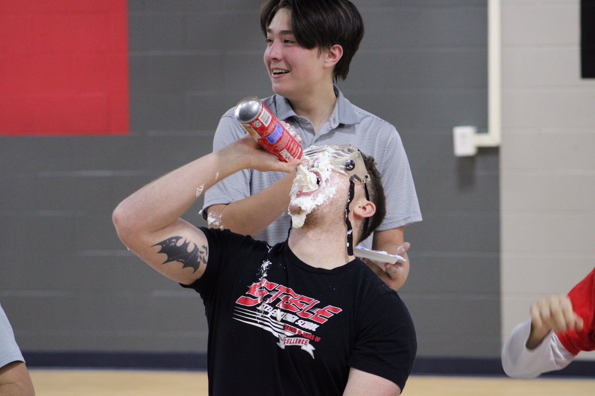 Steele_Press's tweet photo. Today was Piegiving at Steele ECHS.  Mr. Rogers, Mr. Espinosa, and FBLA President Jace Kruse stepped up to take a pie to the face in support of the StuCo fundraiser.  Mr. Espinosa was so supportive he came back for seconds. 

#SteeleECHS https://t.co/Y18KnMoqOb
