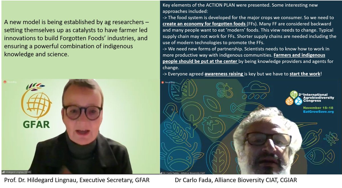 A new model is being established by ag researchers – setting themselves up as catalysts to have farmer led innovations to build Forgotten Foods’ industries, and ensuring a powerful combination of indigenous knowledge and science.
Key elements of the ACTION PLAN were presented. Some interesting new approaches included:
-> The food system is developed for the major crops we consumer. So we need to create an economy for forgotten foods (FFs). Many FF are considered backward and many people want to eat ‘modern’ foods. This view needs to change. Typical supply chain may not work for FFs. Shorter supply chains are needed including the use of modern technologies to promote the FFs.
-> We need new forms of partnership. Scientists needs to know how to work in more productive way with indigenous communities. Farmers and indigenous people should be put at the center by being knowledge providers and agents for change.
-> Everyone agreed awareness raising is key but we have to start the work!