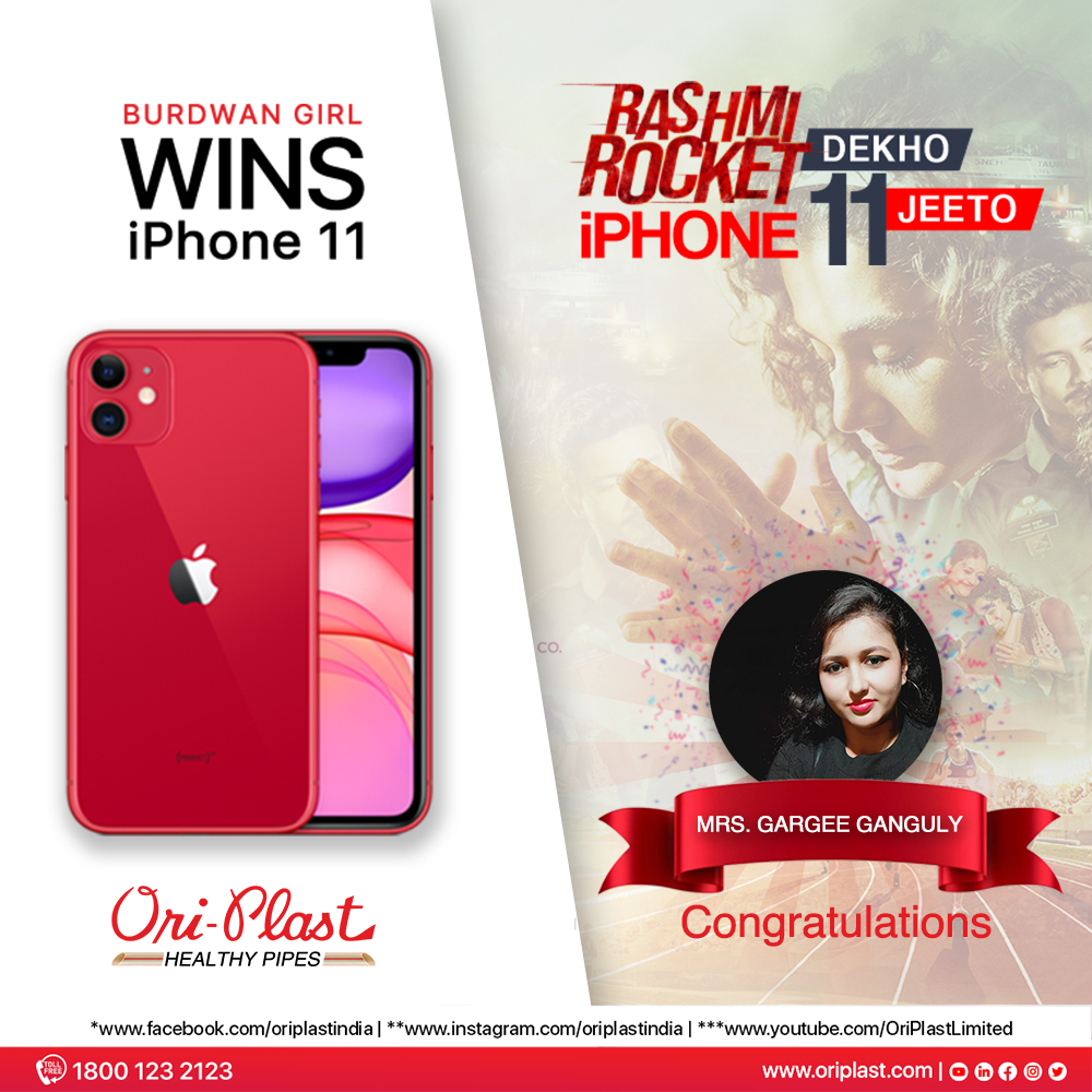 Congratulations to the Winner of  #RashmiRocket Dekho #IphoneJeeto Contest  - Mrs #GargeeGanguly from #Burdwan, for winning the Grand Prize of Apple iPhone - 11.

#taapseepannu #ContestWinner #WestBengal  #appleiphone11 #Congratulations #appleiphone #OriplastLimited