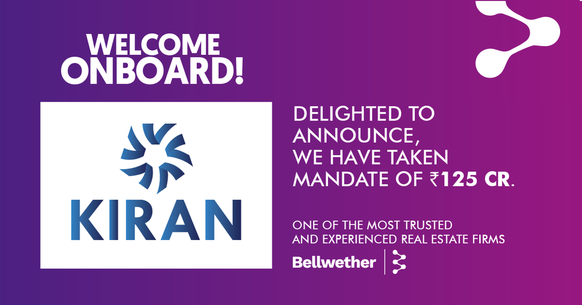 Bellwether_re's tweet photo. Team Bellwether is delighted and pleased to welcome Kiran Realty onboard. 

We are really proud to announce that we have received a 125Cr mandate from one of India's most reputable and experienced organisations.

#Bellwether #LetsAimHigher #Milestone #Success #RealEstate https://t.co/TlPhuRtFKp
