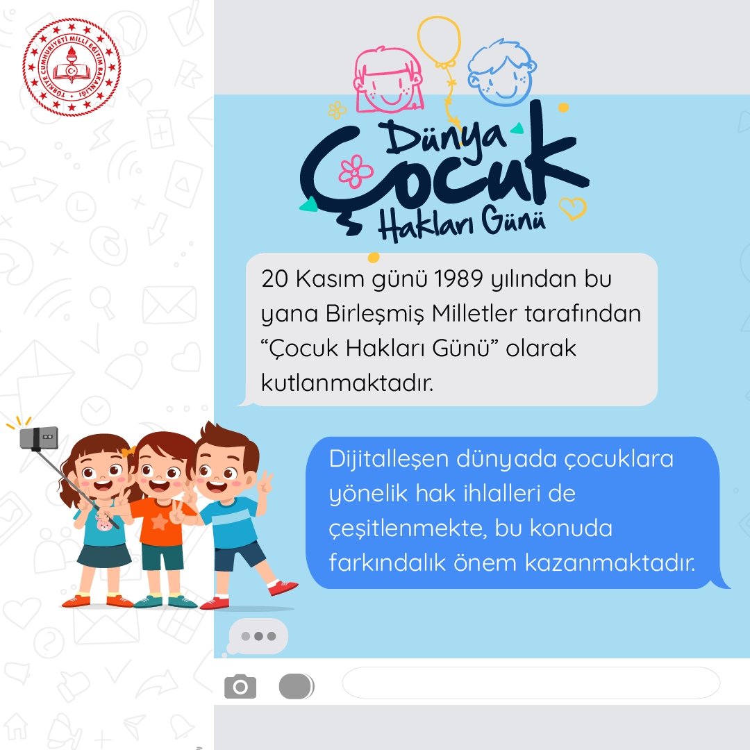 tcmeb's tweet photo. 20 Kasım #DünyaÇocukHaklarıGünü kutlu olsun. 

Unutmayalım!

Sosyal medya üzerinden kolayca yapılan paylaşımlar, çocuk haklarının ihlal edilmesine neden olabilir. https://t.co/43NUP6iGFt