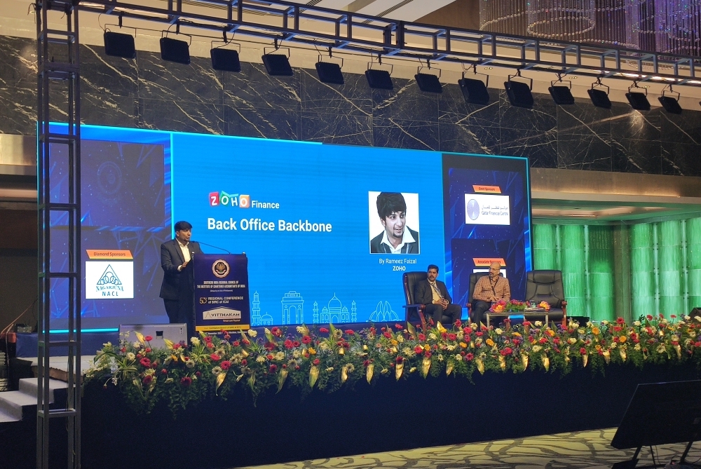ZohoBooks's tweet photo. It is time for our presentation! Here is Rameez Faizal, talking about how #Zoho can transform the way accountants manage their client’s business finances at the #SIRC Regional #Conference. @sircoficai @theicai https://t.co/yGi4llSRdT