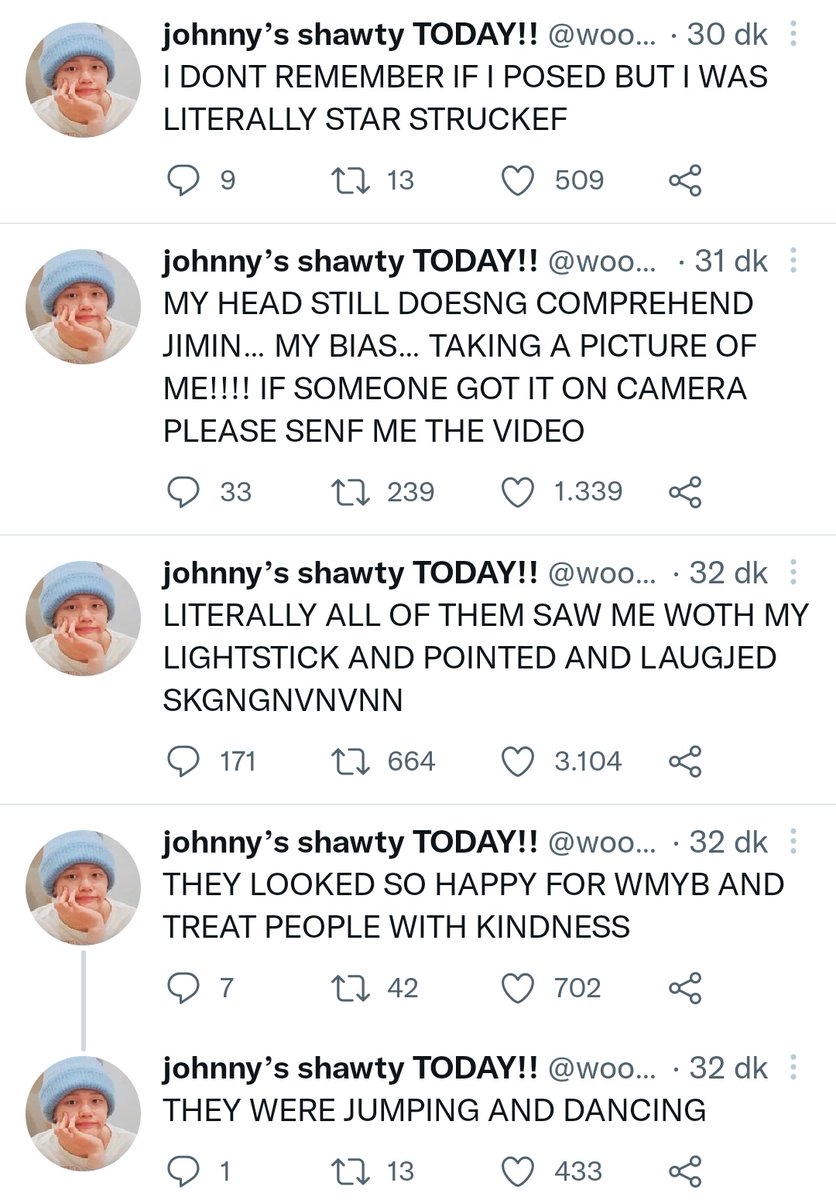 "Taehyung bana el salladı"
"Army bombumu ve beni izleyip duruyorlar"
"Arkamdalar"
"Jimin fotoğrafımı çekti"
"Jimin'in telefonundayım"
"Hepsi army bomb'u gördü ve işaret edip gülüştüler"
"Aklım hala almıyor...Jimin...biasım...benim fotoğrafımı çekti!!"