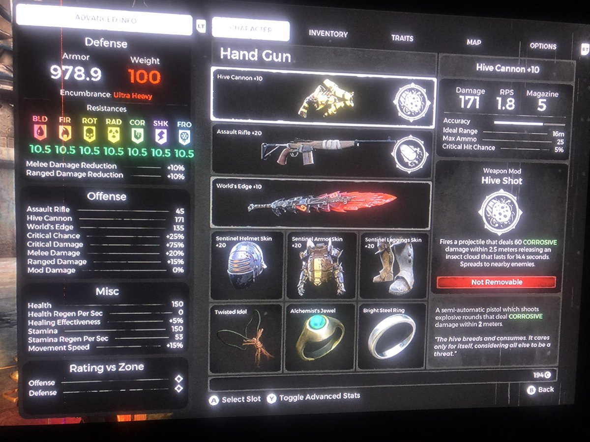 prolockdown's tweet photo. My remnant build. Got 980 armor everything max level. Twisted idol and alchemist jewel for more armor. And black steel ring for the fastest evade in the game regardless of encumbrance. https://t.co/OIkvgFmKHS