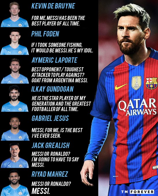 MessiTouchline's tweet photo. It's crazy how almost all the stars from England's BIGGEST clubs rate Lionel Messi as the GREATEST footballer of all time 🤯🐐 https://t.co/WGML3QCYsf