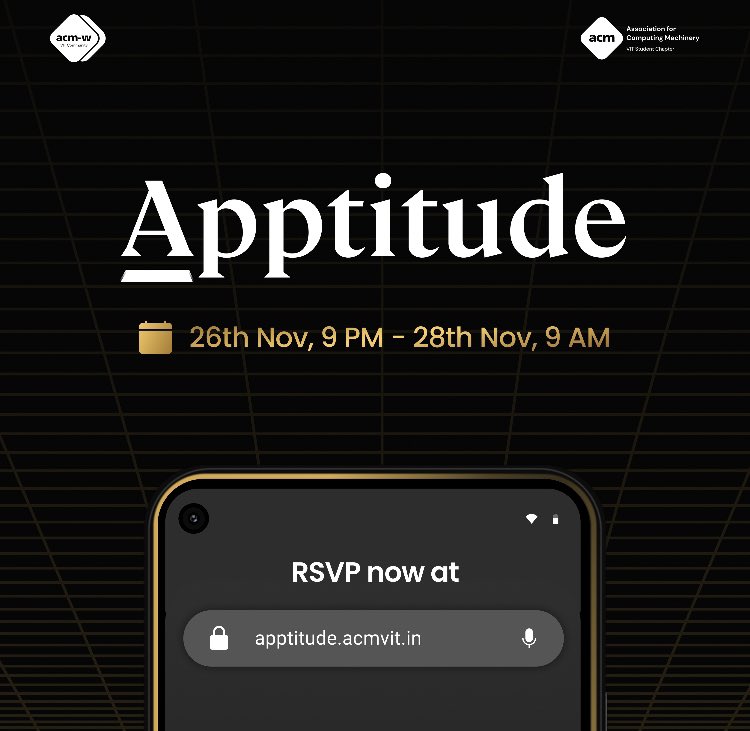 ACMW_VIT's tweet image. The 2nd edition of Apptitude is here! Calling all app devs: Mark your calendars, and get ready for 36 hours of pure innovation!

#tech #acmvit #acm #vitvellore #appdevelopment #appdev #ios #android #flutter #engineering #code  #hackathon #developer #instatech #apptitude