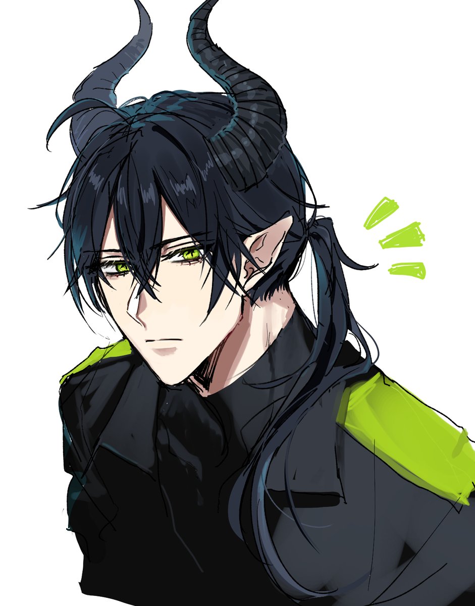 horns 1boy male focus solo pointy ears white background black hair  illustration images