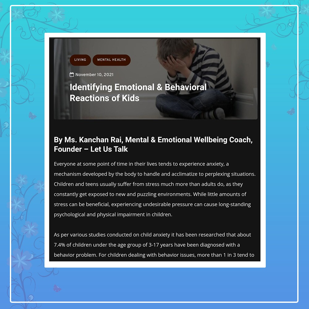 LetUsTalks's tweet photo. Identifying Emotional & Behavioral Reactions of Kids
By Ms. Kanchan Rai, Mental & Emotional Wellbeing Coach, Founder – Let Us Talk
https://t.co/lP7c13JxvS
https://t.co/ZG0Ha87dsc
#thetimesofindia #officefriendship #mentalwellness #healthylifestyle #healthisimportant https://t.co/sK31kOY531
