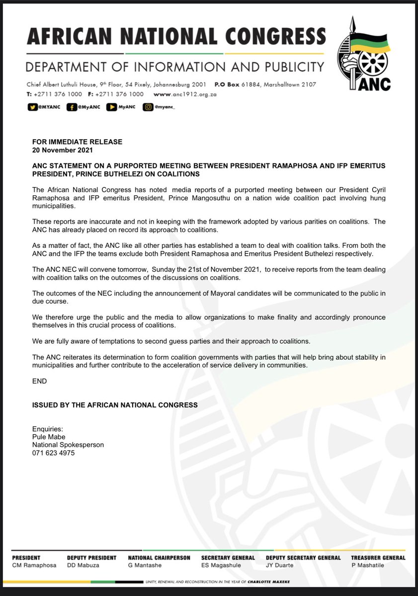 <a href="/MYANC/">ANC - African National Congress</a> statement on a purported meeting between President <a href="/CyrilRamaphosa/">Cyril Ramaphosa 🇿🇦</a> and IFP Emeritus President, Prince Buthelezi on Coalitions.