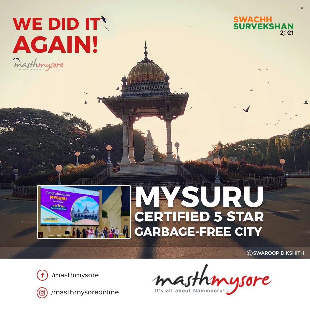 MasthMysore's tweet photo. Mysuru receives the 5 Star rating yet again! We're a certified garbage-free city. Congratulations!
@mysurucitycorp
#MasthMysore #Mysuru #Mysore #swachhsurvekshan2021 #swachhbharat https://t.co/4feHSYnwiK