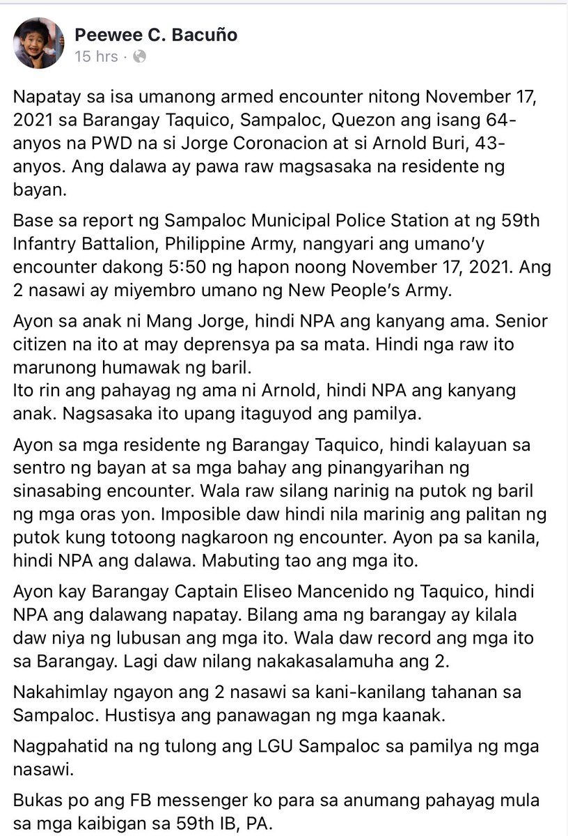 DALAWANG MAGSASAKA NA NAMAN ANG PINATAY SA QUEZON PROVINCE! Ang isa ay senior citizen na PWD.

Pinalabas ng mga militar na mga NPA daw. Pero ayon mismo sa pamilya ng mga biktima, brgy. captain at mga taga-komunidad na di ito totoo!

HUSTISYA!
#StopKillingFarmers