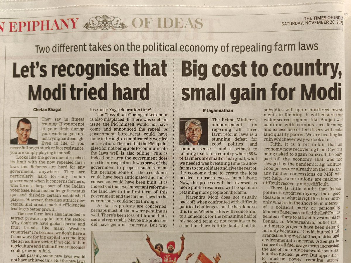 vinayaravind's tweet photo. Love that TOI has given space to
 both the 'Modiji tried his best' Sanghis and the 'Modiji messed it up!' Sanghis. These diverse viewpoints are what makes an op-ed page rich and vibrant. https://t.co/3tYd3ZUovk