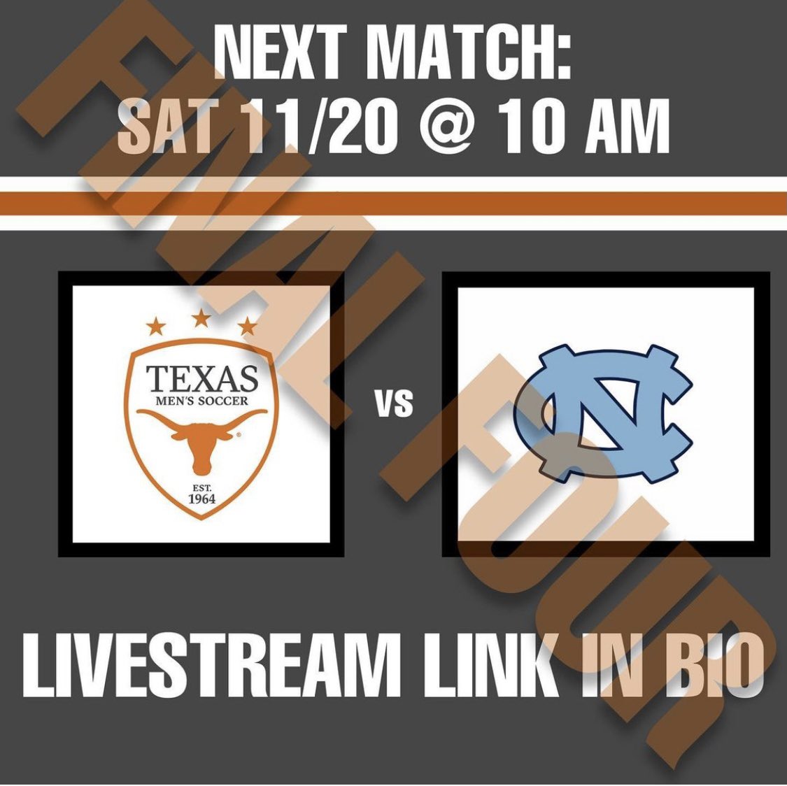 texasmsoccer's tweet photo. FINAL FOUR BOUND! A HUGE win against Texas A&amp;M off of a @naufiero SCREAMER sends the Longhorns through to the national semi-finals!

The Longhorns continue their run against UNC tomorrow at 10 AM. Tune into the livestream, link in our bio!

#HookEm #SoccerSchool https://t.co/ULKkQTni31