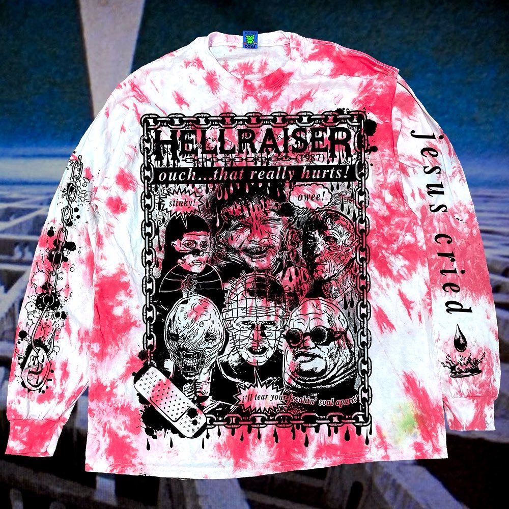 SarahSquirm's tweet photo. the🩸🩸𝐇𝐄𝐋𝐋𝐑𝐀𝐈𝐒𝐄𝐑 (𝟏𝟗𝟖𝟕)🩸🩸shirts i made with my friend @bredpress are back and BLOODIER than ever!! hand-drawn by ME and hand-dyed in BLOOD BLOOD BLOOD by brad himself! grab ‘em now or else 🩸i’ll tear ur fricken soul apart🩸: https://t.co/BechgbJmRN https://t.co/eHPTxNqaVL