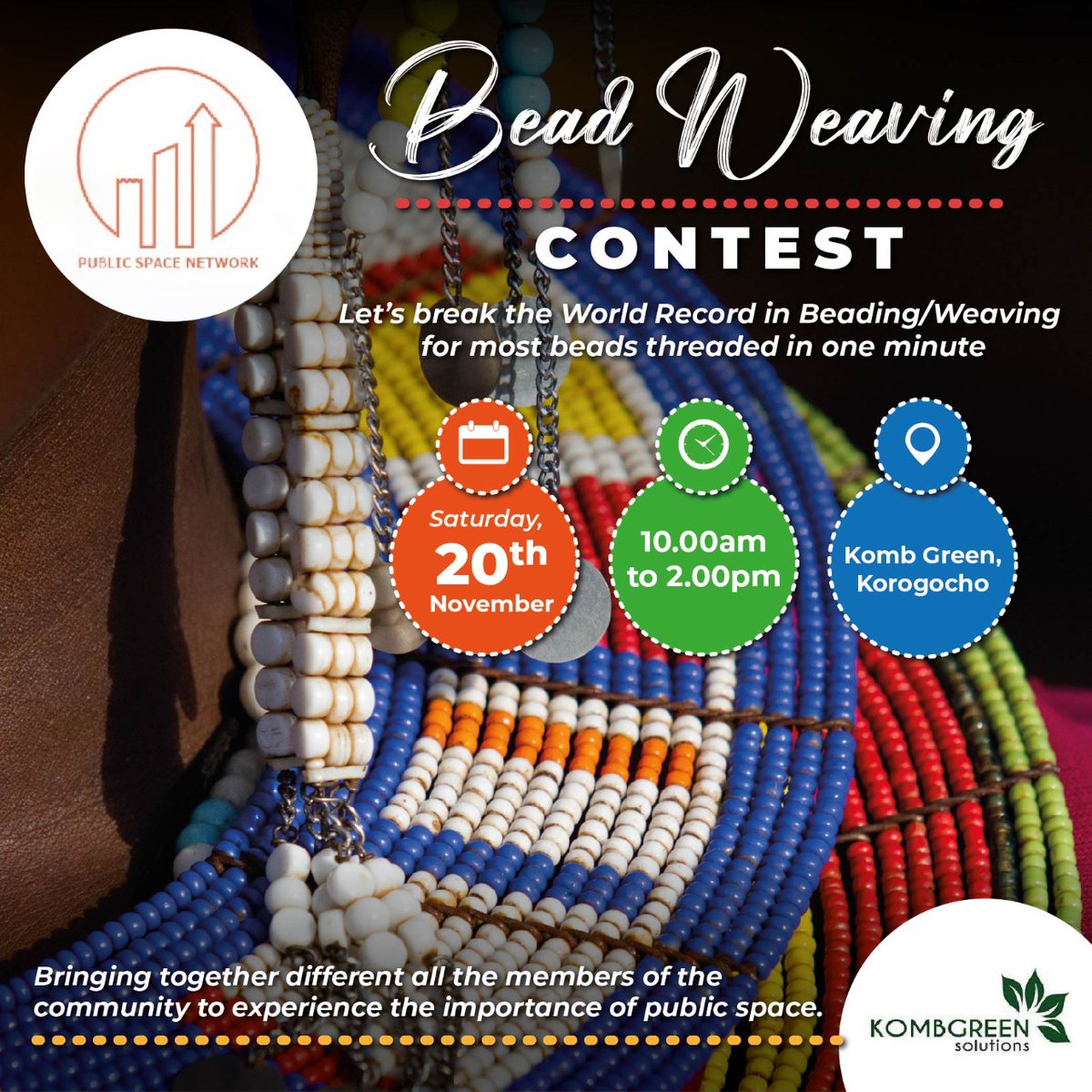 PSN_Nairobi's tweet photo. Exciting #Beadweaving Contest this weekend! Bringing together members of the community to experience the importance of public space & attempt breaking a #WorldRecord of most beads threaded in 1 minute! #ChangingFacesCompetition5 @dreamtownngo https://t.co/gUw4XdQtcB