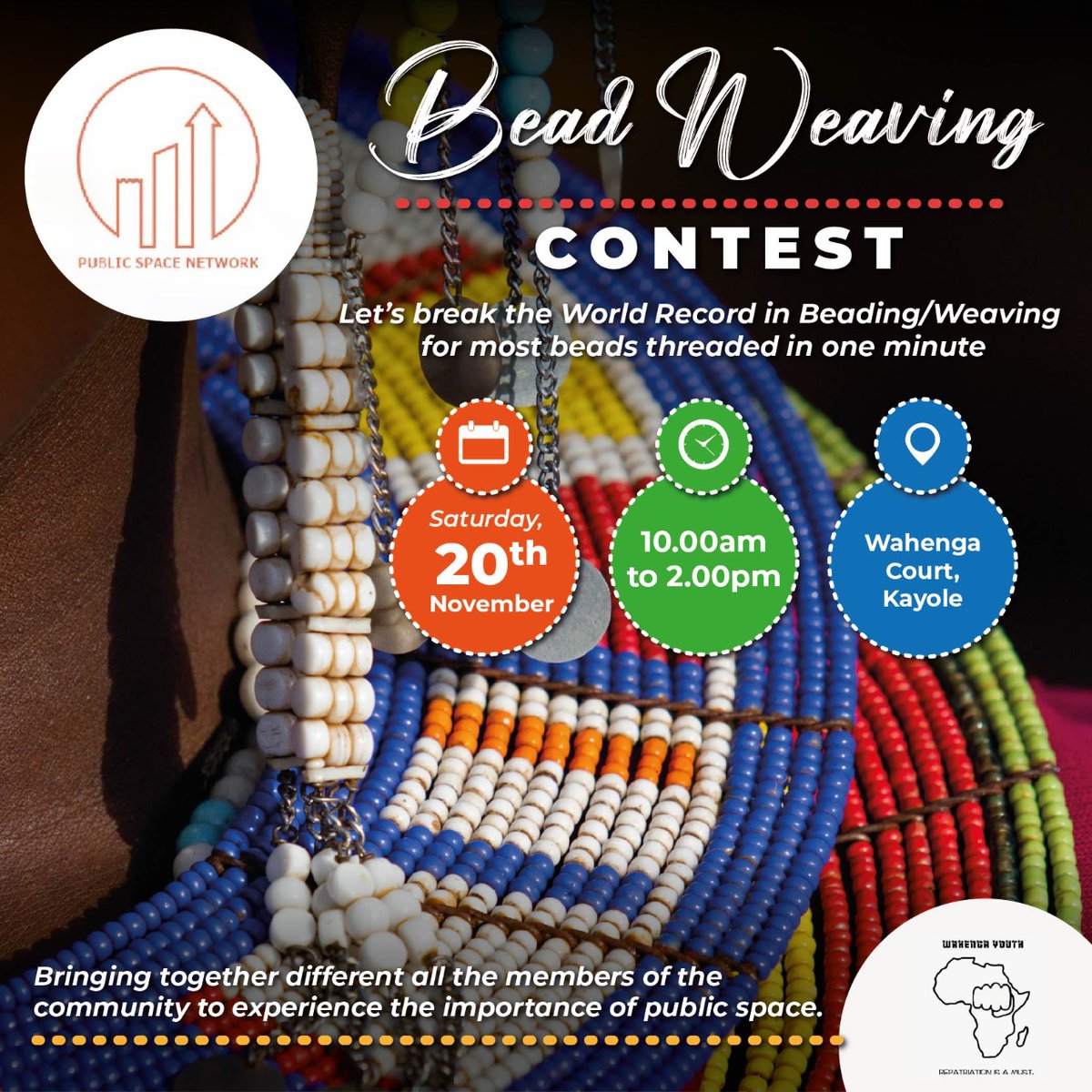 PSN_Nairobi's tweet photo. Exciting #Beadweaving Contest this weekend! Bringing together members of the community to experience the importance of public space & attempt breaking a #WorldRecord of most beads threaded in 1 minute! #ChangingFacesCompetition5 @dreamtownngo https://t.co/gUw4XdQtcB