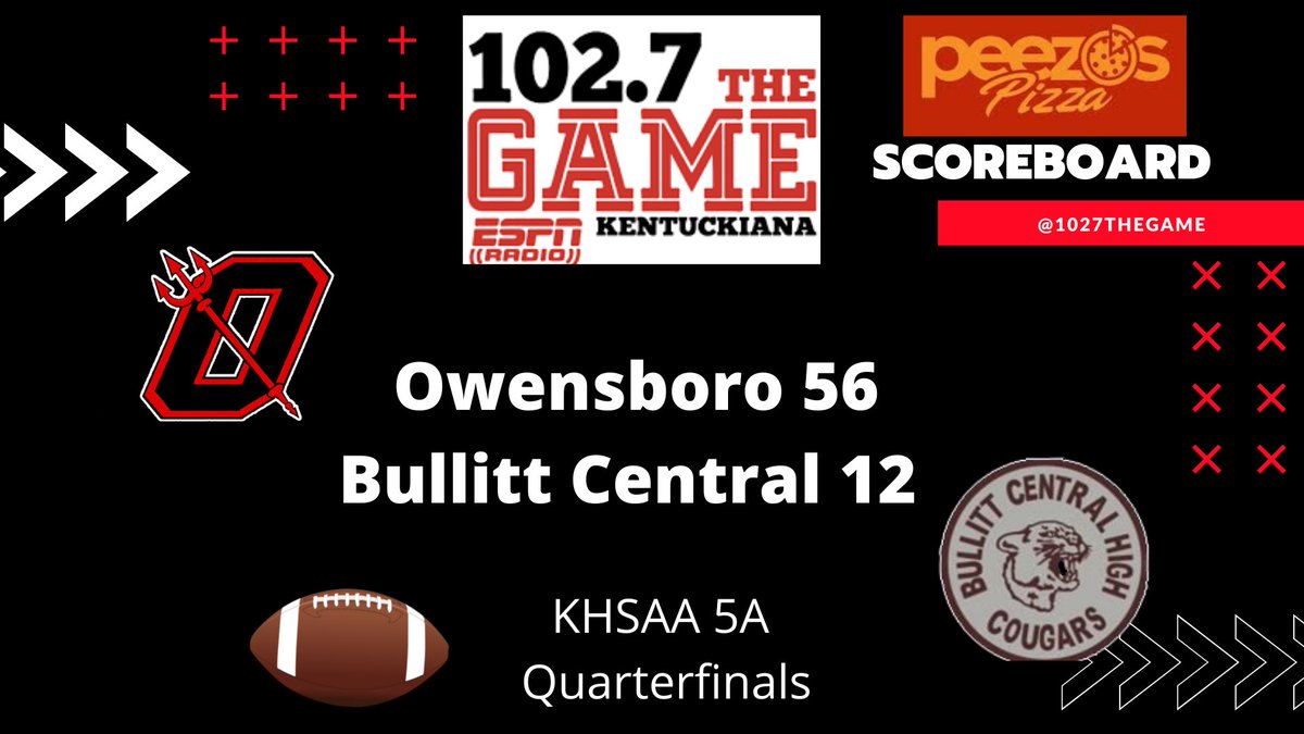 🚨<a href="/PeezoSpizza/">🔥PeezO’sPizza🔥</a> Scoreboard🚨
<a href="/SrHighFootball/">Owensboro Football</a> defeats Bullitt Central to advance to the KHSAA class 5A state semifinals. OHS will take on Frederick Douglass in Lexington next Friday.