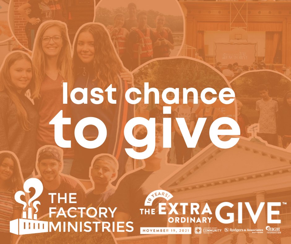 TheFactoryPA's tweet photo. Last chance to give! 

Visit https://t.co/3kzHTSN5F5 to give before 11:59PM!
#extragive https://t.co/x1IMwPxVZc