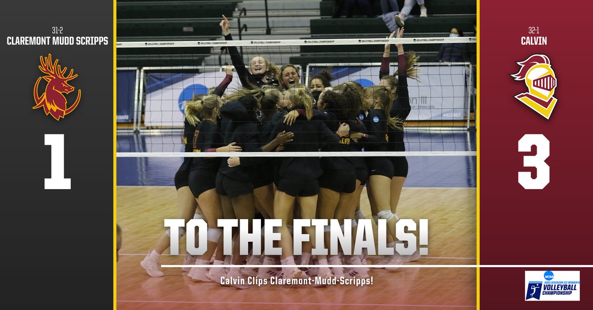CalvinKnights's tweet photo. It's on to the National Championship finals! Knights defeat Claremont-Mudd-Scripps in four sets and will face UW-Eau Claire in national final Saturday night! #GoCalvin https://t.co/bLvpQbI7El