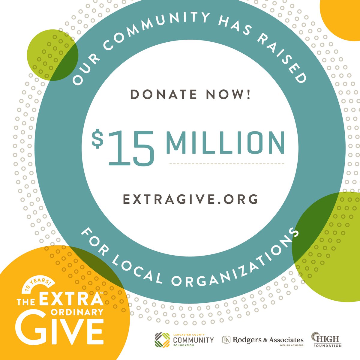 We've reached $15 million with less than twenty minutes left!! Lancaster, you continue to show us how EXTRAordinary you are! #GiveExtra