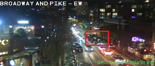 SDOTtraffic's tweet photo. Demonstration on Pike St headed WB from Broadway. Please use caution in the area and expect delays due to increased pedestrian presence. https://t.co/DnLGlmC684