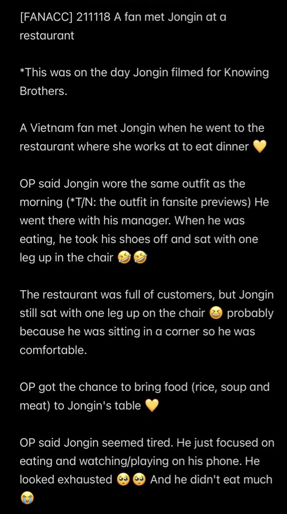 jonginivrse's tweet photo. [trans] [fanacc] 211118 A fan met #KAI  at a restaurant 🍑
+ Jongin went to the restaurant where OP works to eat dinner after filming KB
+ He came with his manager &amp; sat with one leg up on the chair 🤣
+ He seemed tired &amp; didn't eat a lot
+ He gave OP his autograph
🔽 https://t.co/L7jz9M0P9K