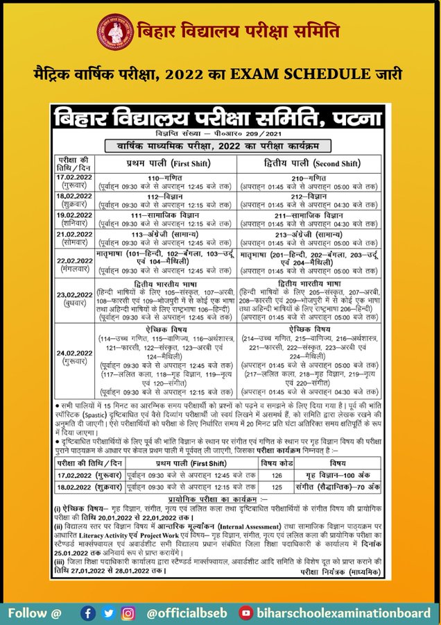 Bihar Board 10th Exam Date Sheet 2022