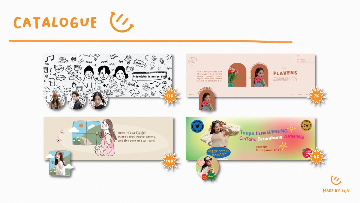 made_by_sun's tweet photo. retweet will be appreciated🌻

hello semua SUN open hari ini jam 2 ya, untuk 7 slot aja:D Yuk yang mau jajan bisa diliat katalognya dulu, oh iya ada free layout selflove untuk setiap pembelian😬

Sekalian ba yang mau mutualan bisa di like ajaa, makasih <3

#zonaba #zonauang️ https://t.co/jVzTDVZgDV