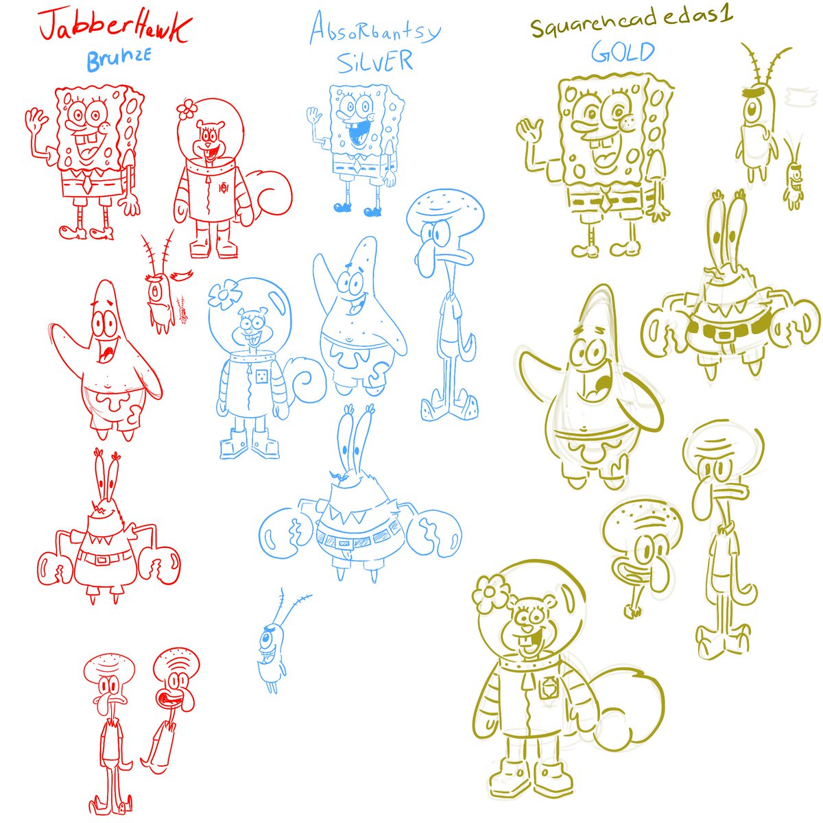 Absorbantsy's tweet photo. Hey @ShermCohen my buddies (@_JabberHawk and @SquareHeadedAs1) and I followed your old tutorial on how to draw SpongeBob SquarePants and his underwater buddies, and here are the results. https://t.co/xBuleynE3s