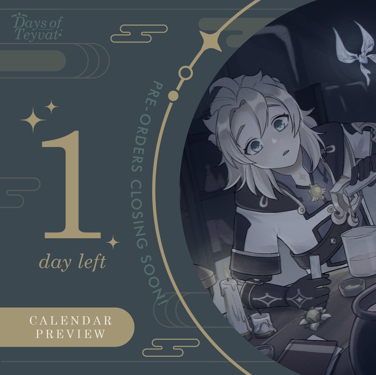 daysofteyvat's tweet photo. Today is the last day of pre-orders! Big thanks to everyone who placed an order! Order links in bio will still be open but orders coming in from November 21 onwards will no longer include our pre-order bonuses~ #Daysofteyvat #genshincalendar #Genshinimpact #Genshinimpactcalendar https://t.co/IVFLi8wIwA